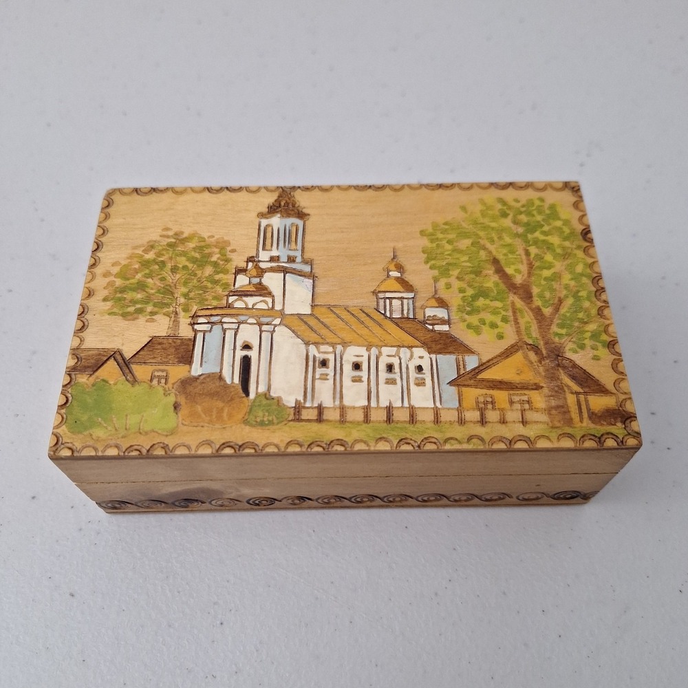 Vtg 1969 USSR Russian Carved Wood Folk Art Pyrography Jewelry Trinket Box 5.5"
